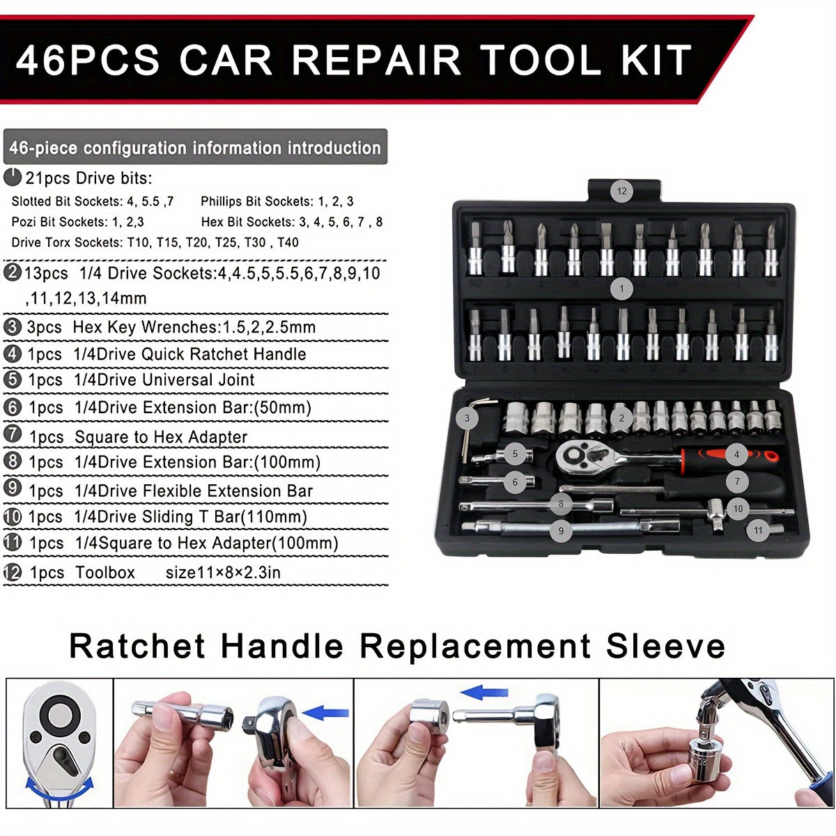 46 pieces of car repair tool kit, 1/4 inch drive sleeve ratchet wrench kit, combined tool kit bicycle and car repair tools