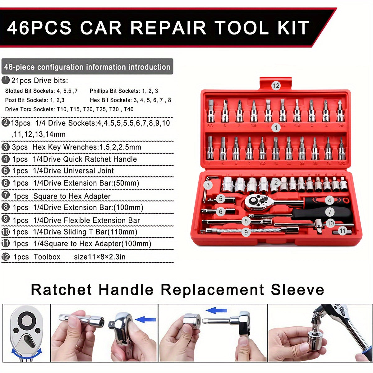 46 pieces of car repair tool kit, 1/4 inch drive sleeve ratchet wrench kit, combined tool kit bicycle and car repair tools