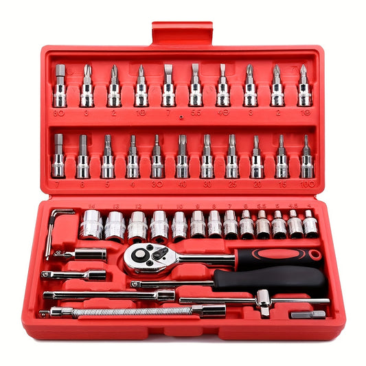 46 pieces of car repair tool kit, 1/4 inch drive sleeve ratchet wrench kit, combined tool kit bicycle and car repair tools