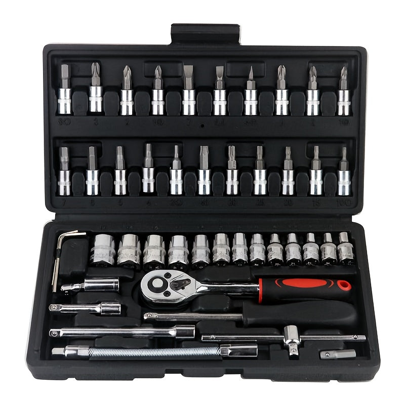 46 pieces of car repair tool kit, 1/4 inch drive sleeve ratchet wrench kit, combined tool kit bicycle and car repair tools